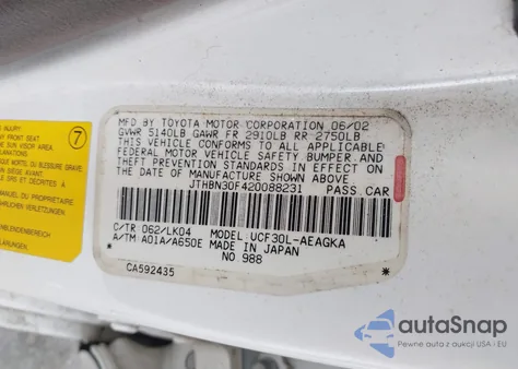 2002 Lexus Ls 430 из США, поврежденный, VIN JTHBN30F420088231